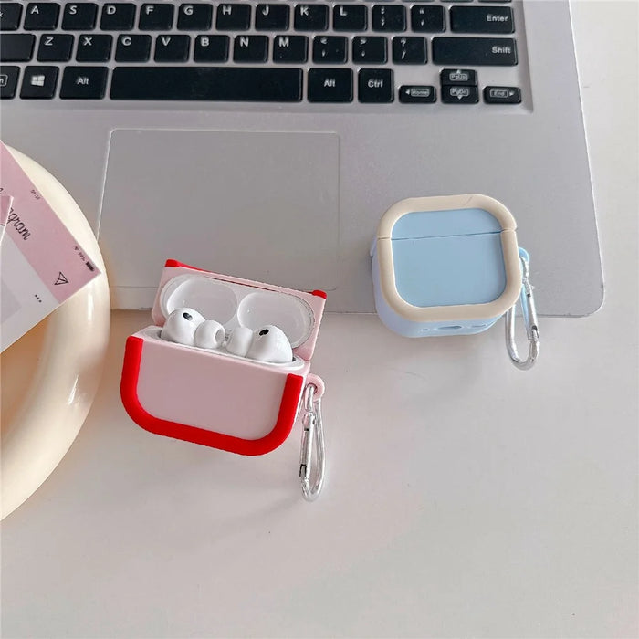 Silicone Case for Apple AirPods Pro 2 Charging Case Macaron Color Blocking Protective Cover with Metal Carabiner - Pink+Red - 3