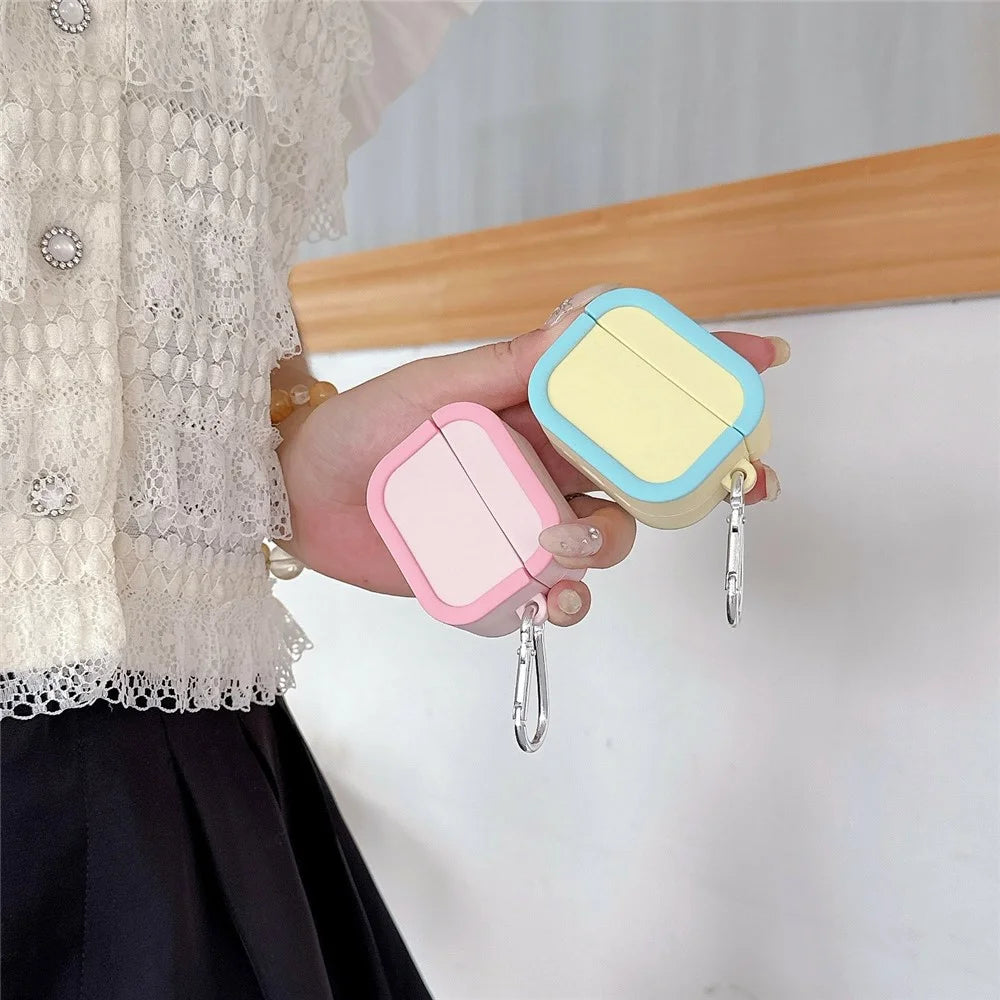 Silicone Case for Apple AirPods Pro 3 Charging Case Macaron Color Blocking Protective Cover with Metal Carabiner - Pink+Red - 7
