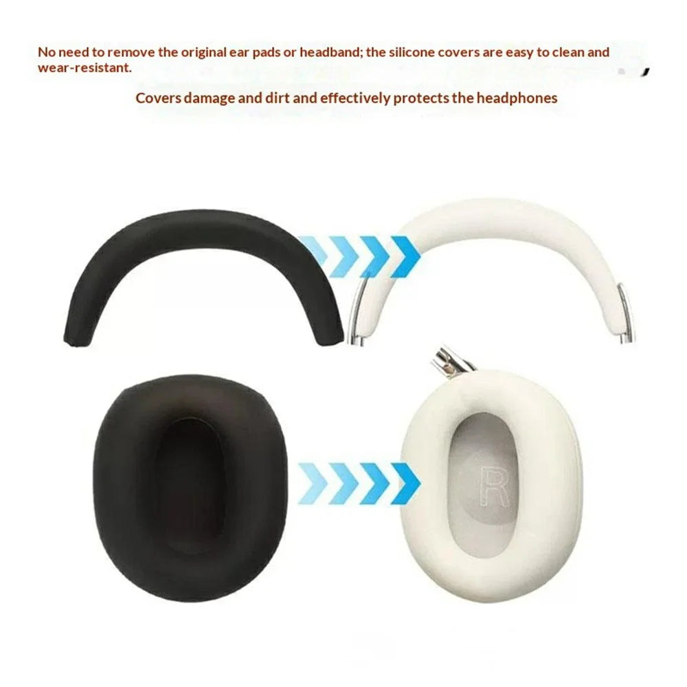 For Sony 1000X The Collexion Headphones Silicone Case Set 2Pcs Ear Pad Cover + Headband Sleeve - Black - 3