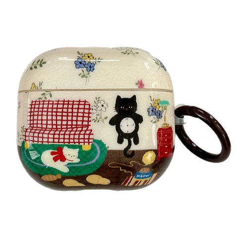 For AirPods 4 Protective Case IMD Cat Pattern TPU Earphone Cover with Carabiner - 1