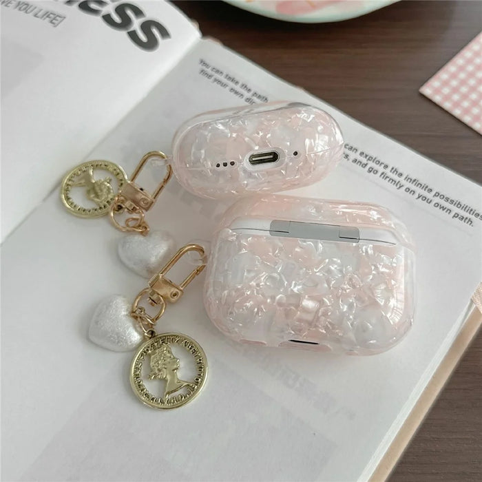 For AirPods Pro 2 Protective Case Pearlescent Shell Texture TPU Earphone Cover with Heart Pendant Charm - 2