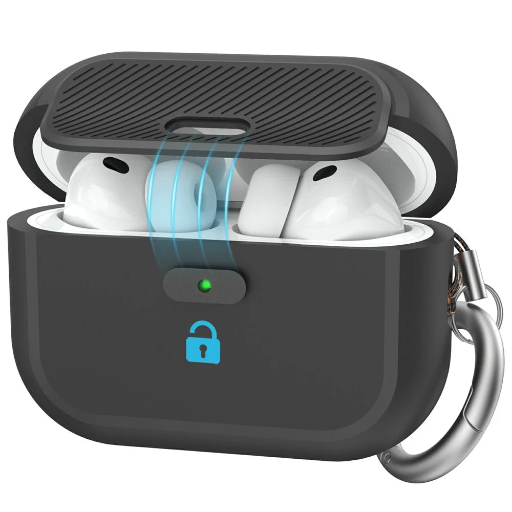 AHASTYLE JY26 for AirPods Pro 3 Silicone Case Secure Lock One-Piece Shockproof Protective Cover with Metal Carabiner - Black - 1