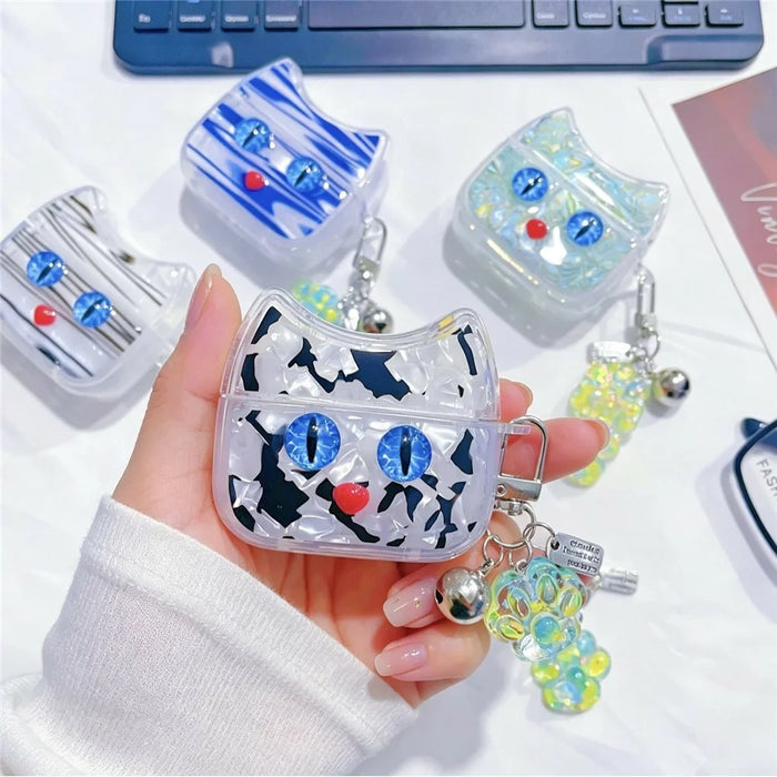 For AirPods 3 Protective Case Blue Eye Cat Soft TPU Earphone Cover with Pendant - White - 2