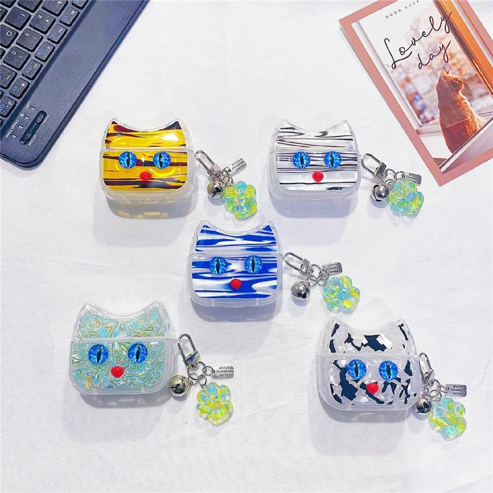 For AirPods 4 Protective Case Blue Eye Cat Soft TPU Earphone Cover with Pendant - White - 3