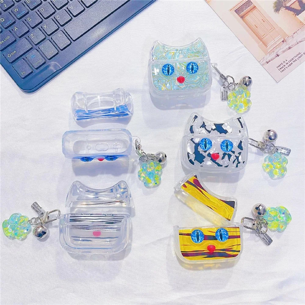 For AirPods 4 Protective Case Blue Eye Cat Soft TPU Earphone Cover with Pendant - White - 4