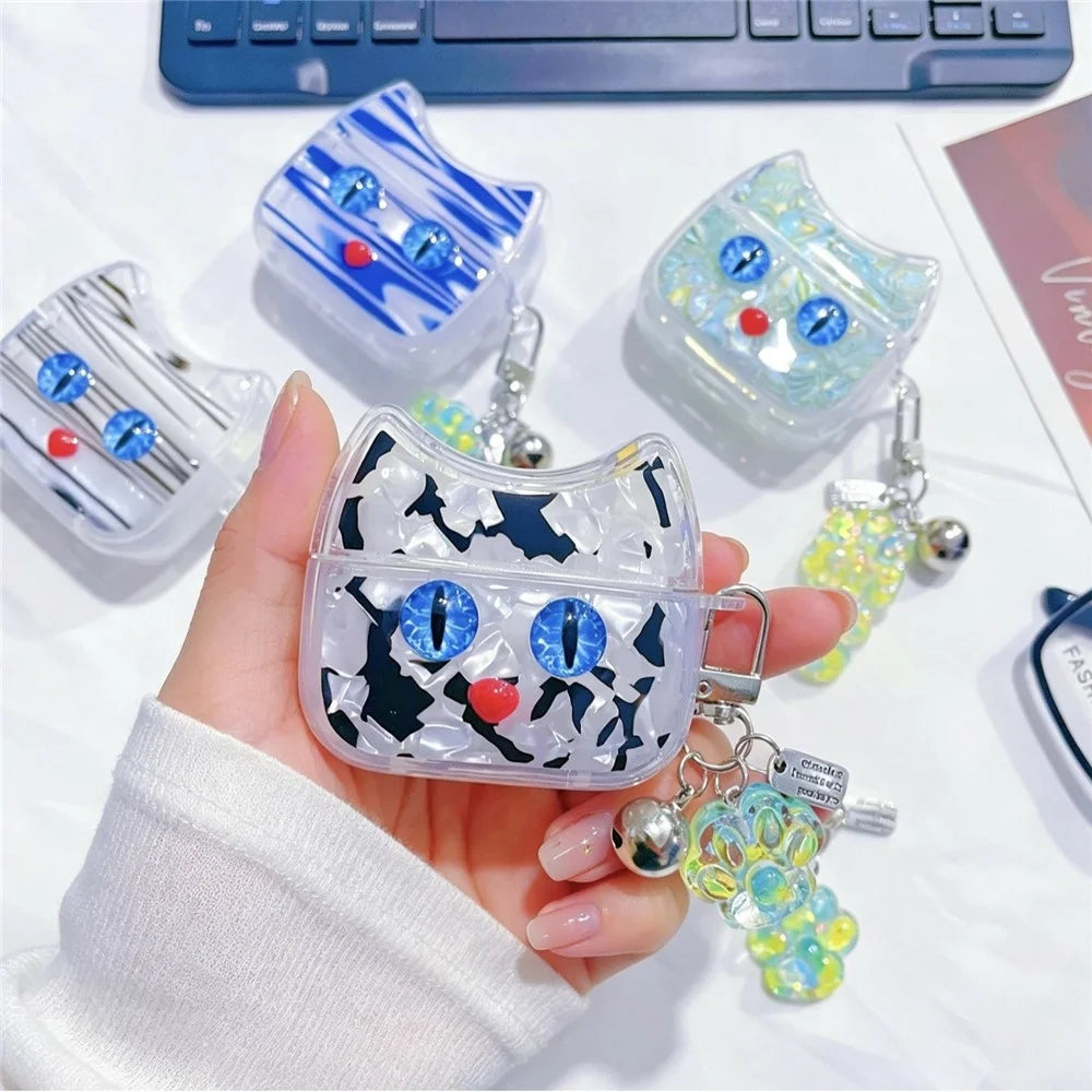 For AirPods Pro 3 Protective Case Blue Eye Cat Soft TPU Earphone Cover with Pendant - White - 2