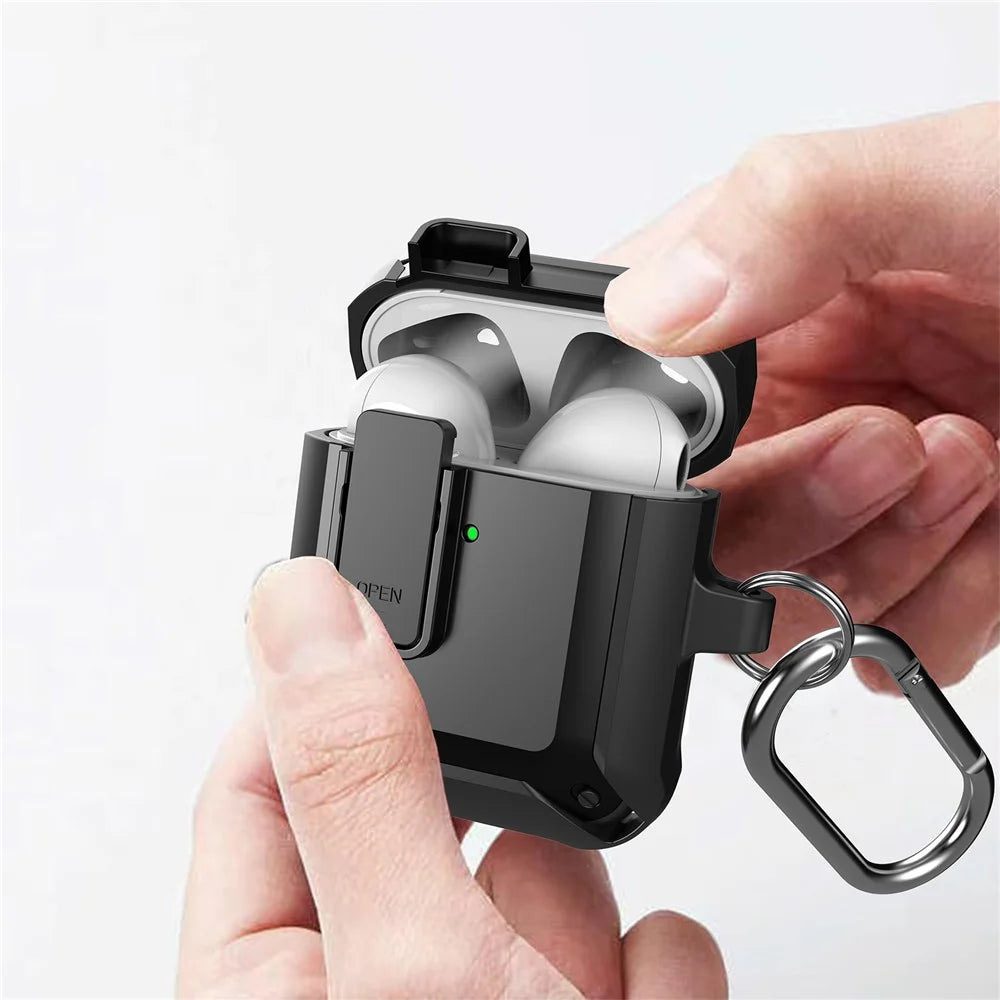 2 in 1 TPU + PC Anti-drop Earbuds Case Protector Shock-resistant Portable Earphone Charging Case Cover with Lock/Buckle for AirPods 1/2 - Black - 3
