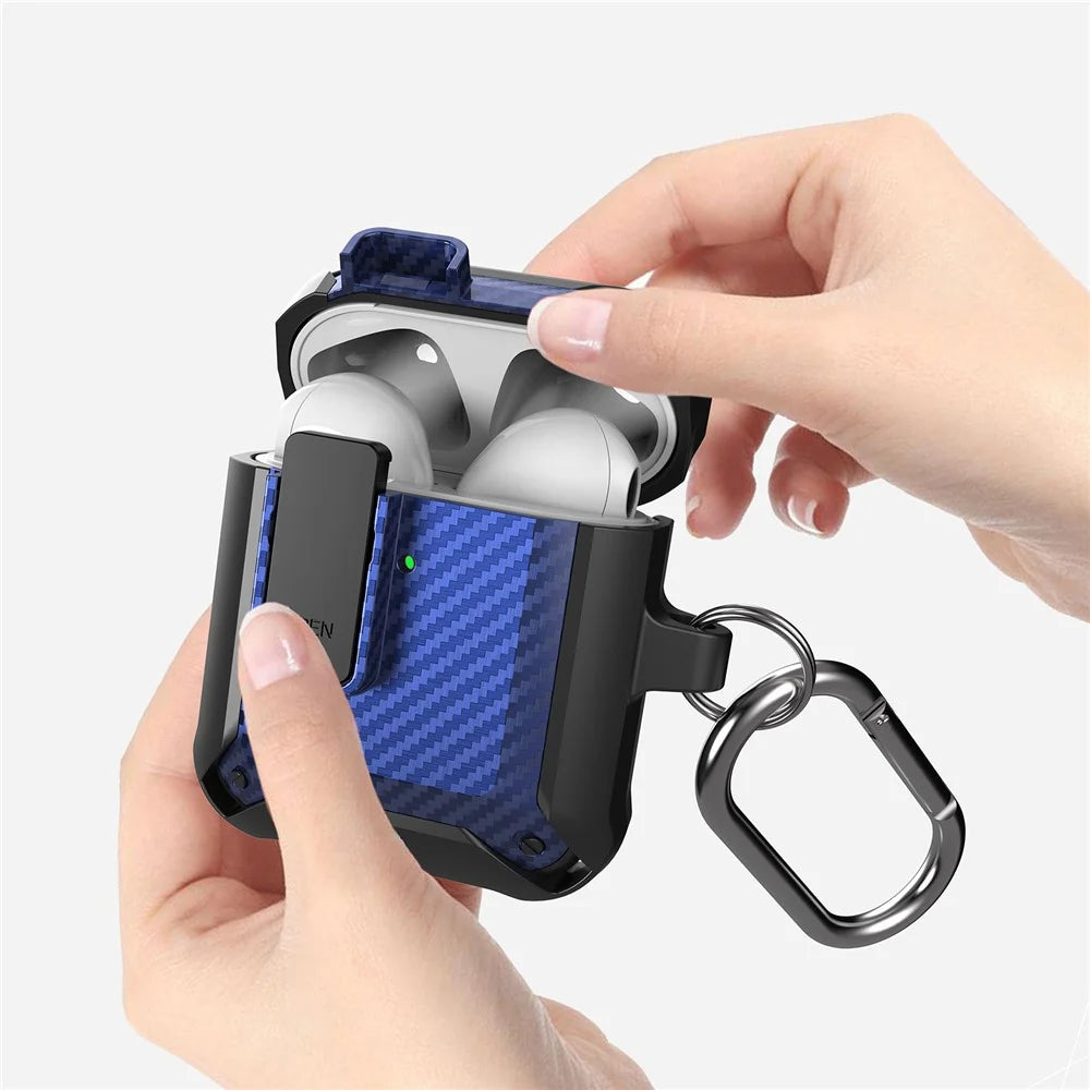 Portable 2 in 1 TPU + PC Frame Earbuds Case Cover Shock-resistant Earphone Charging Case Cover Anti-drop Protective Case with Buckle for AirPods 1/2 - Black/Blue - 3