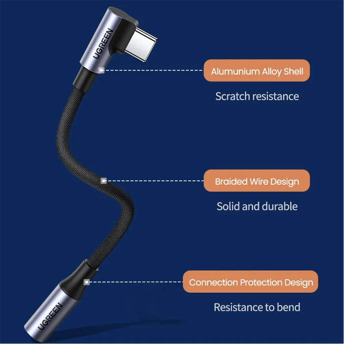UGREEN 0.1m Right Angle Type C to 3.5mm Jack Male to Female Audio Aux Cable - 5