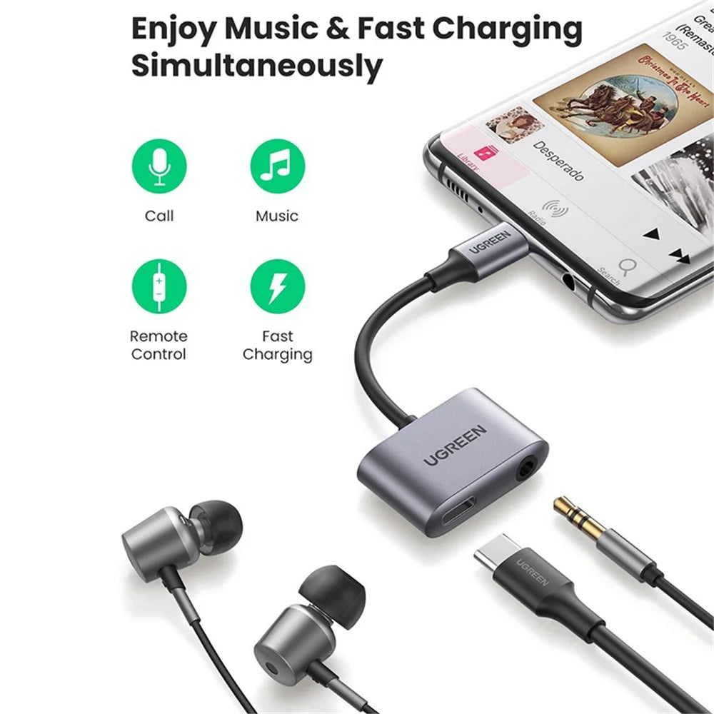 UGREEN For iPad Pro Samsung Note 20 Huawei P40 AUX Converter 2-in-1 USB C Charging and Audio Type C to 3.5mm Headphone Jack Adapter - 2