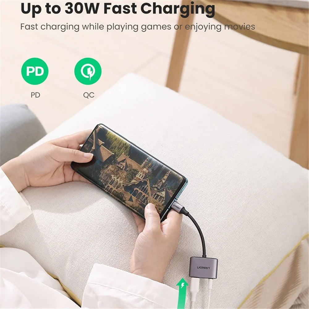 UGREEN For iPad Pro Samsung Note 20 Huawei P40 AUX Converter 2-in-1 USB C Charging and Audio Type C to 3.5mm Headphone Jack Adapter - 4