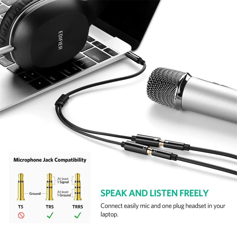 UGREEN 30620 Headphone Microphone Splitter 3.5mm Male to Dual Female Adapter AUX Cable for PCs/Laptops/Smartphones - Black - 3