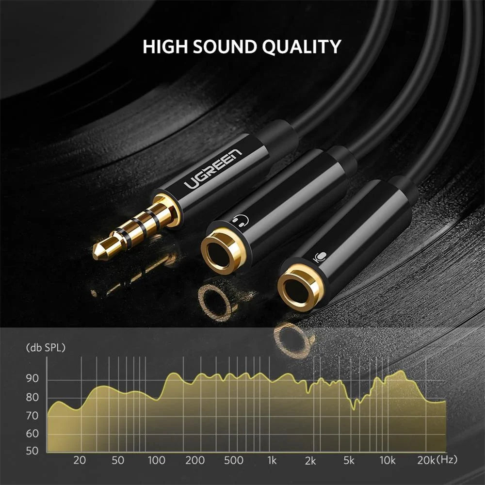 UGREEN 30620 Headphone Microphone Splitter 3.5mm Male to Dual Female Adapter AUX Cable for PCs/Laptops/Smartphones - Black - 4