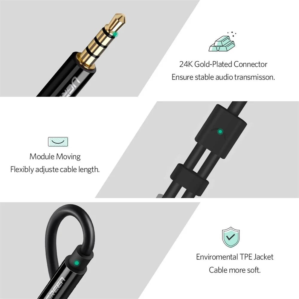 UGREEN 30620 Headphone Microphone Splitter 3.5mm Male to Dual Female Adapter AUX Cable for PCs/Laptops/Smartphones - Black - 5