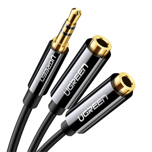 UGREEN 20816 20cm 3.5mm Male to Dual 3.5mm Female Adapter AUX Cable Gold-Plated Connectors Braided Copper Wire for PCs/Laptops/Smartphones - Black - 1