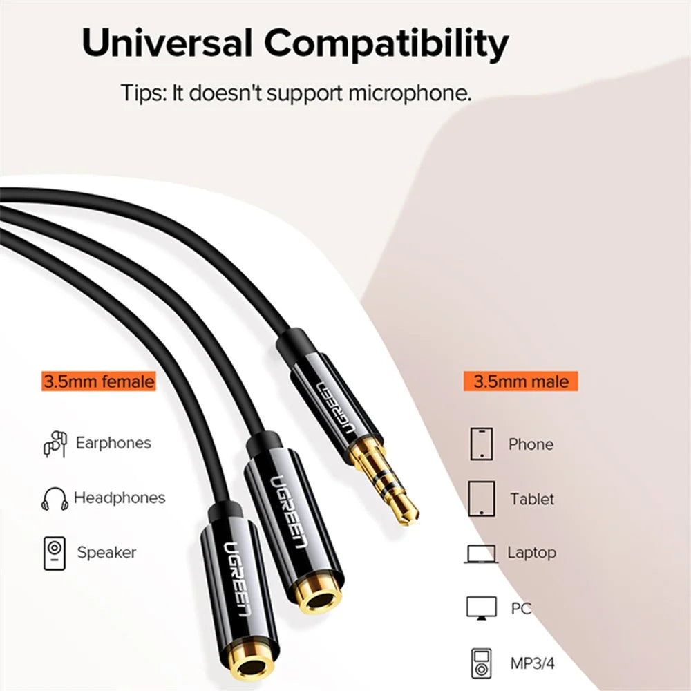 UGREEN 20816 20cm 3.5mm Male to Dual 3.5mm Female Adapter AUX Cable Gold-Plated Connectors Braided Copper Wire for PCs/Laptops/Smartphones - Black - 2