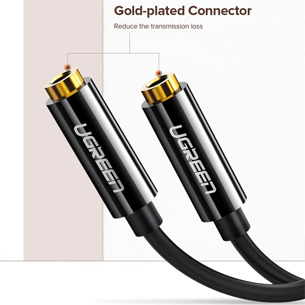 UGREEN 20816 20cm 3.5mm Male to Dual 3.5mm Female Adapter AUX Cable Gold-Plated Connectors Braided Copper Wire for PCs/Laptops/Smartphones - Black - 5