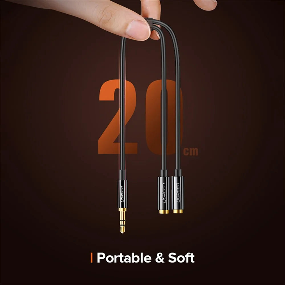 UGREEN 20816 20cm 3.5mm Male to Dual 3.5mm Female Adapter AUX Cable Gold-Plated Connectors Braided Copper Wire for PCs/Laptops/Smartphones - Black - 6