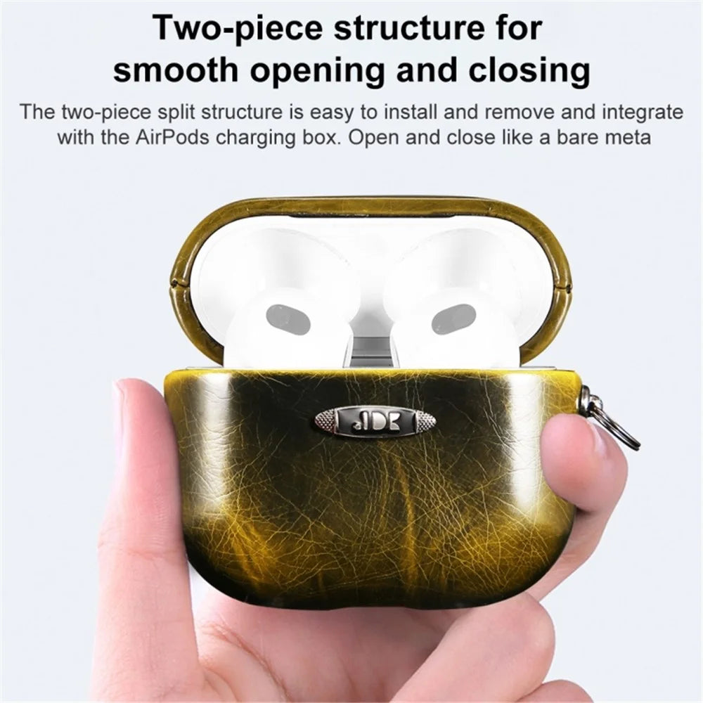 For Apple AirPods Pro Earphone Protective Case Waxy PU Leather Earbuds Charging Box Anti-scratch Cover with Hanging Buckle - Yellow - 2