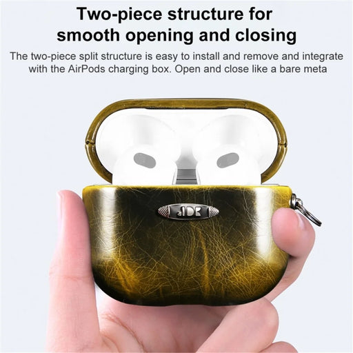 For Apple AirPods Pro Earphone Protective Case Waxy PU Leather Earbuds Charging Box Anti-scratch Cover with Hanging Buckle - Yellow - 2