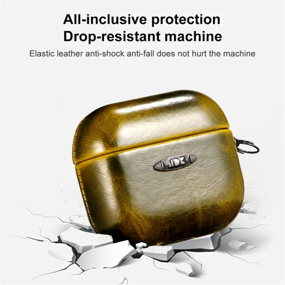 For Apple AirPods Pro Earphone Protective Case Waxy PU Leather Earbuds Charging Box Anti-scratch Cover with Hanging Buckle - Yellow - 3