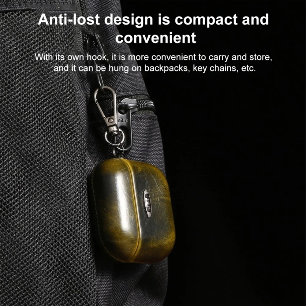 For Apple AirPods Pro Earphone Protective Case Waxy PU Leather Earbuds Charging Box Anti-scratch Cover with Hanging Buckle - Yellow - 5