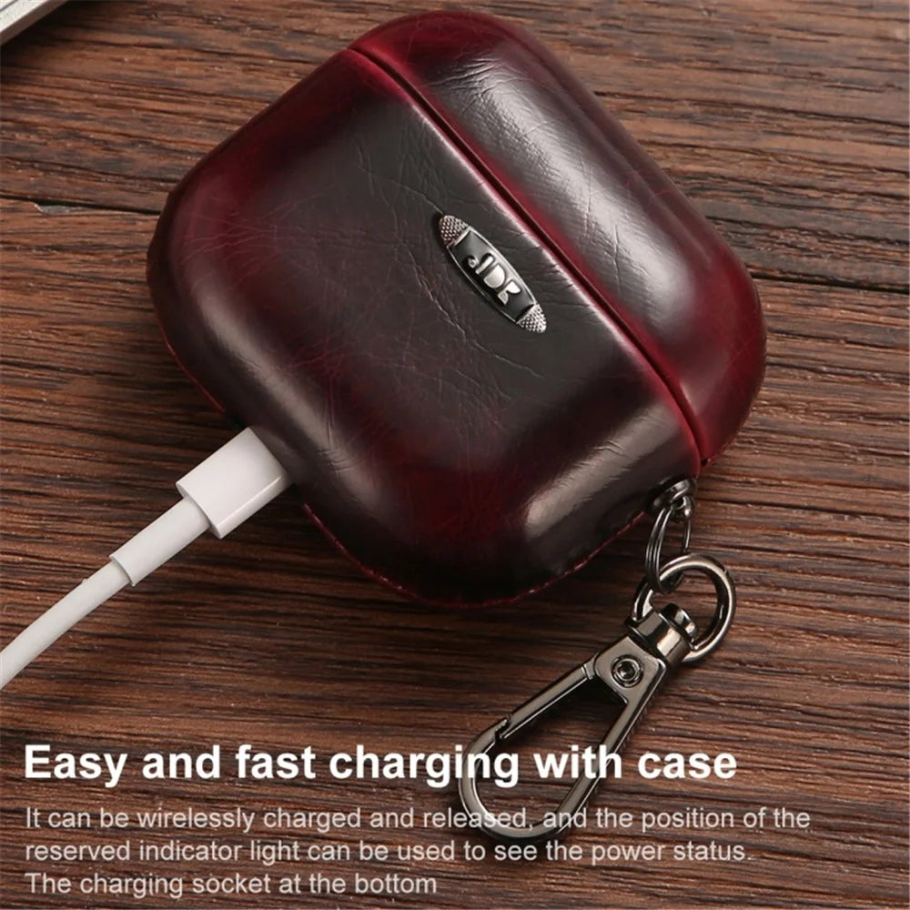 For Apple AirPods Pro Earphone Protective Case Waxy PU Leather Earbuds Charging Box Anti-scratch Cover with Hanging Buckle - Yellow - 6