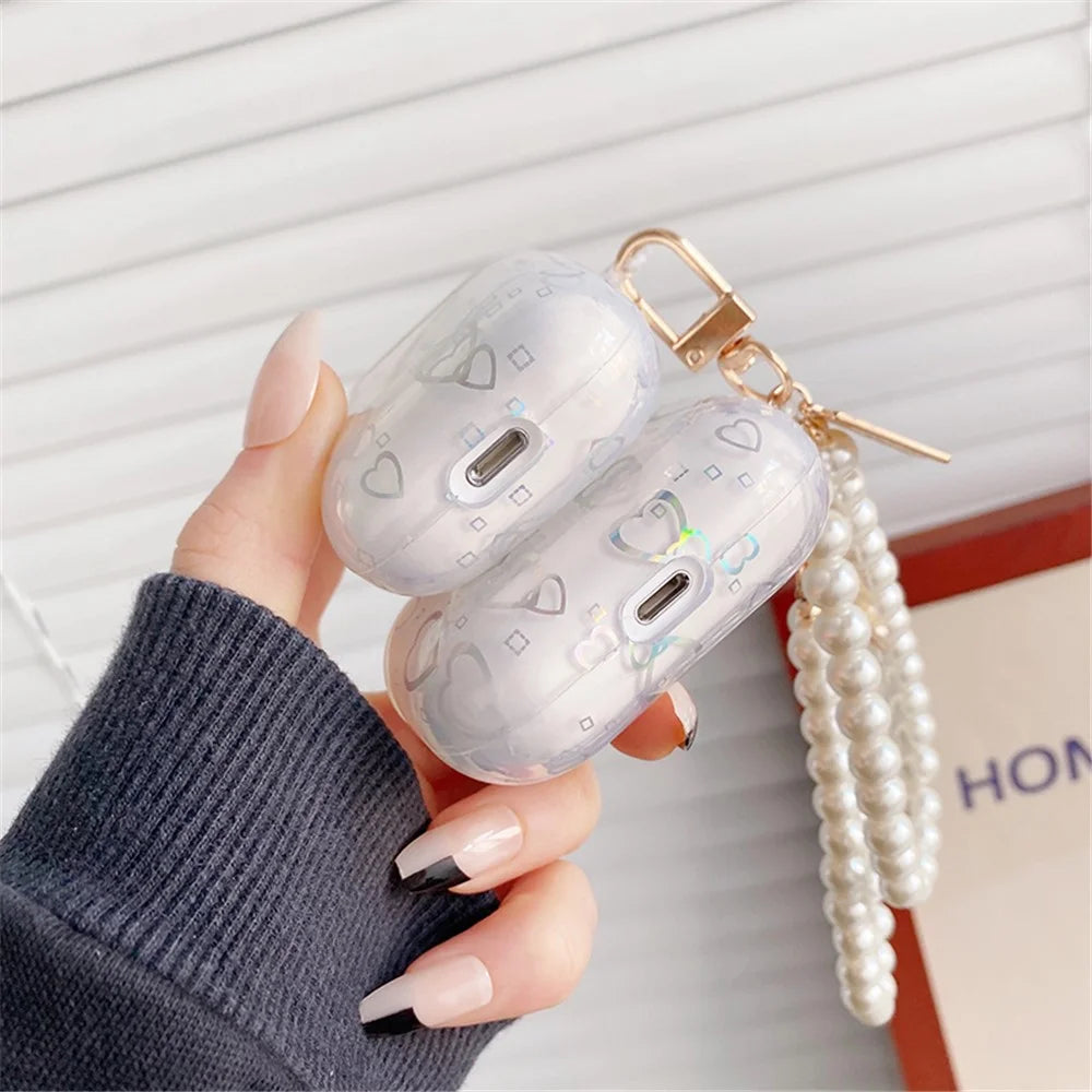 For Apple AirPods with Charging Case (2016)/(2019) / AirPods with Wireless Charging Case (2019) TPU Protective Cover Electroplating Transparent Love Heart Pattern Earphone Case Sleeve with Bracelet - 2