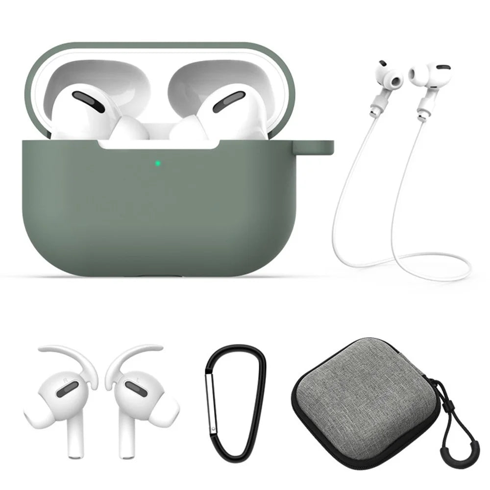 5Pcs/Set for Apple AirPods Pro Bluetooth-compatible Earphones Silicone Protective Case with Carabiner+Anti-lost Rope+Storage Case/Ear Cap - Midnight Green - 1
