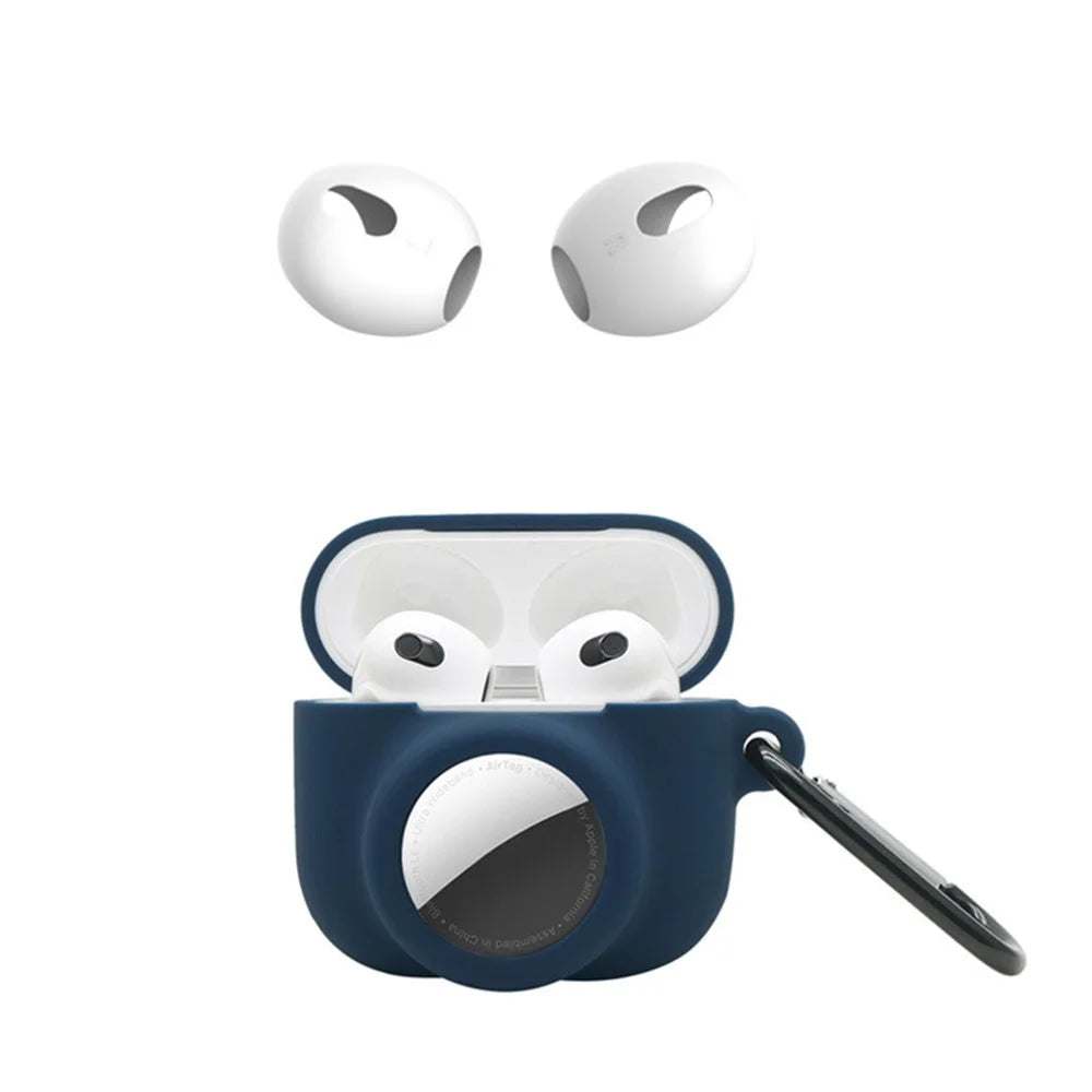 For Apple AirPods 3 + for AirTag 2-in-1 Silicone Protective Cover Drop-proof Dust-proof Case with Carabiner and Ear Caps - Midnight Blue - 1