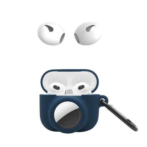 For Apple AirPods 3 + for AirTag 2-in-1 Silicone Protective Cover Drop-proof Dust-proof Case with Carabiner and Ear Caps - Midnight Blue - 1