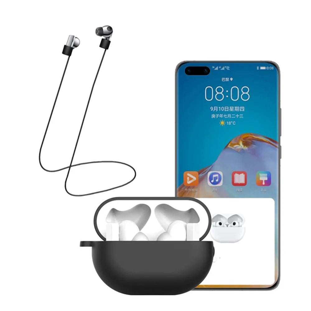 3Pcs/Set For Huawei Freebuds Pro Case Set Earbuds Soft Silicone Protective Kit with Neck Strap/Carabiner - Light Purple - 4