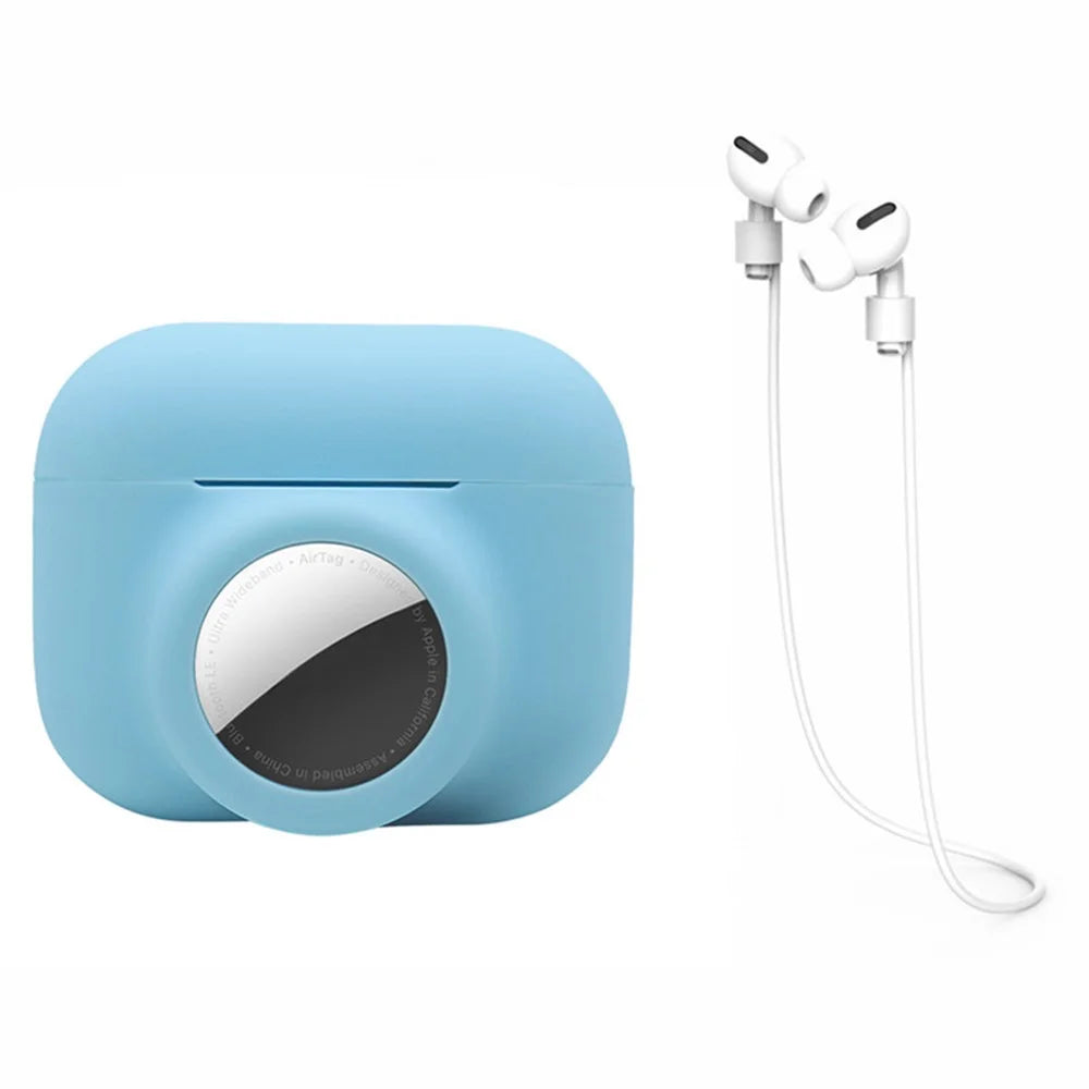 For Apple AirPods Pro + for AirTag 2-in-1 Silicone Protective Cover Anti-drop Case with Earphone Anti-lost Rope - Sky Blue/White Rope - 1