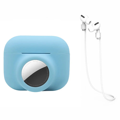 For Apple AirPods Pro + for AirTag 2-in-1 Silicone Protective Cover Anti-drop Case with Earphone Anti-lost Rope - Sky Blue/White Rope - 1