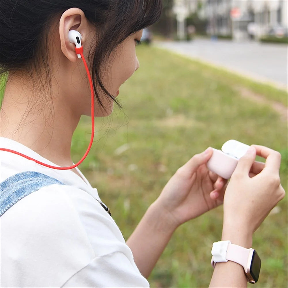 For Apple AirPods Pro + for AirTag 2-in-1 Silicone Protective Cover Anti-drop Case with Earphone Anti-lost Rope - Sky Blue/White Rope - 3