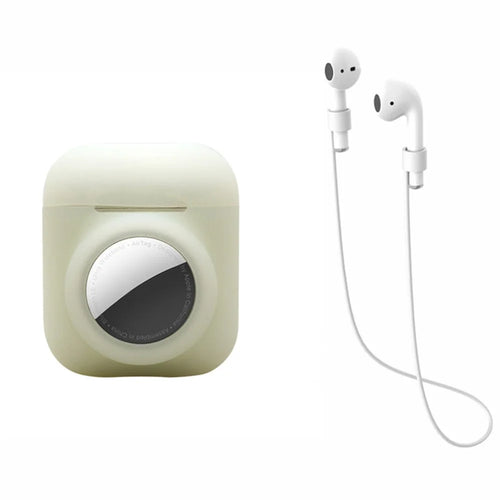 For AirPods with Wireless Charging Case (2019)/AirPods with Charging Case (2019)/(2016) + for AirTag 2-in-1 Silicone Protective Cover Case with Earphone Anti-lost Rope - Luminous Green/White Rope - 1