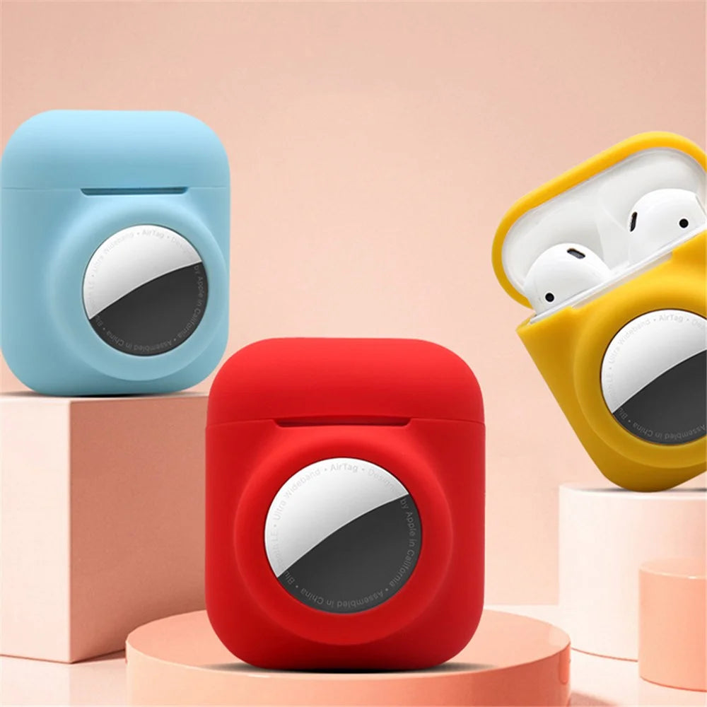 For AirPods with Wireless Charging Case (2019)/AirPods with Charging Case (2019)/(2016) + for AirTag 2-in-1 Silicone Protective Cover Case with Earphone Anti-lost Rope - Luminous Green/White Rope - 2