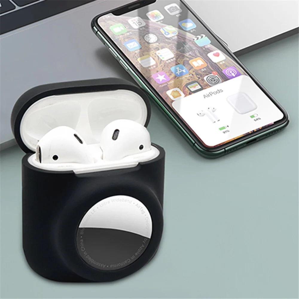 For AirPods with Wireless Charging Case (2019)/AirPods with Charging Case (2019)/(2016) + for AirTag 2-in-1 Silicone Protective Cover Case with Earphone Anti-lost Rope - Luminous Green/White Rope - 4