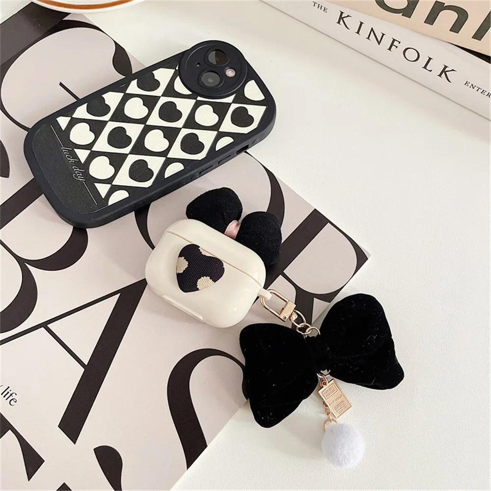 For Apple AirPods 3 Lovely Bow Decor Heart Pattern Earphone Case TPU Protective Cover with Plush Big Bow Pendant - 1
