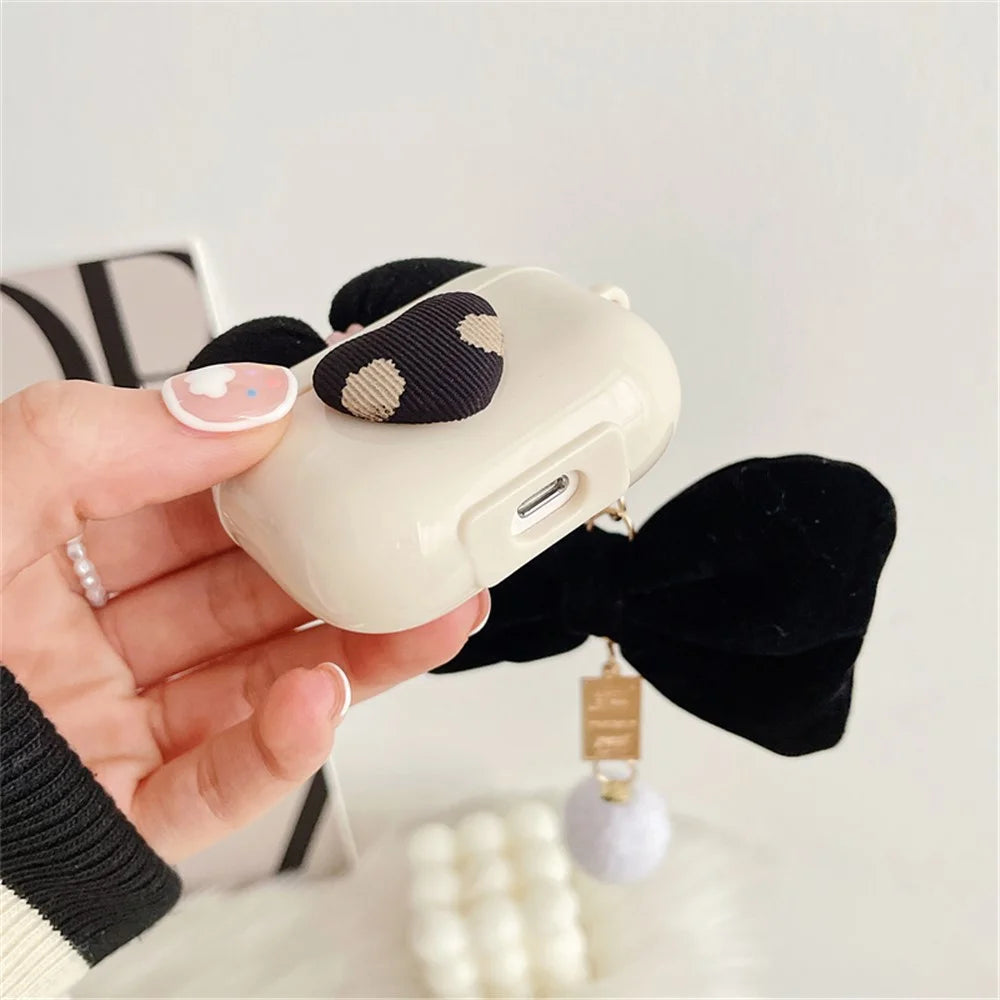 For Apple AirPods 3 Lovely Bow Decor Heart Pattern Earphone Case TPU Protective Cover with Plush Big Bow Pendant - 2