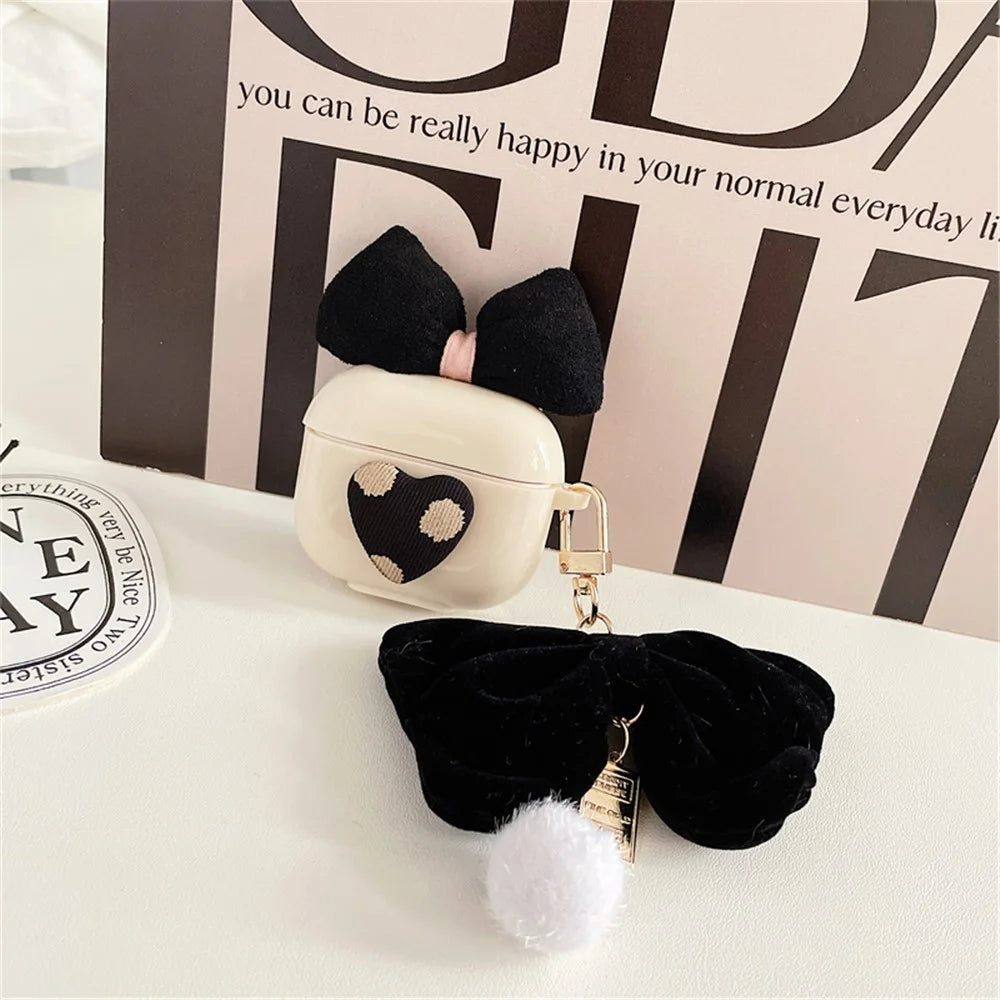 For Apple AirPods 3 Lovely Bow Decor Heart Pattern Earphone Case TPU Protective Cover with Plush Big Bow Pendant - 3