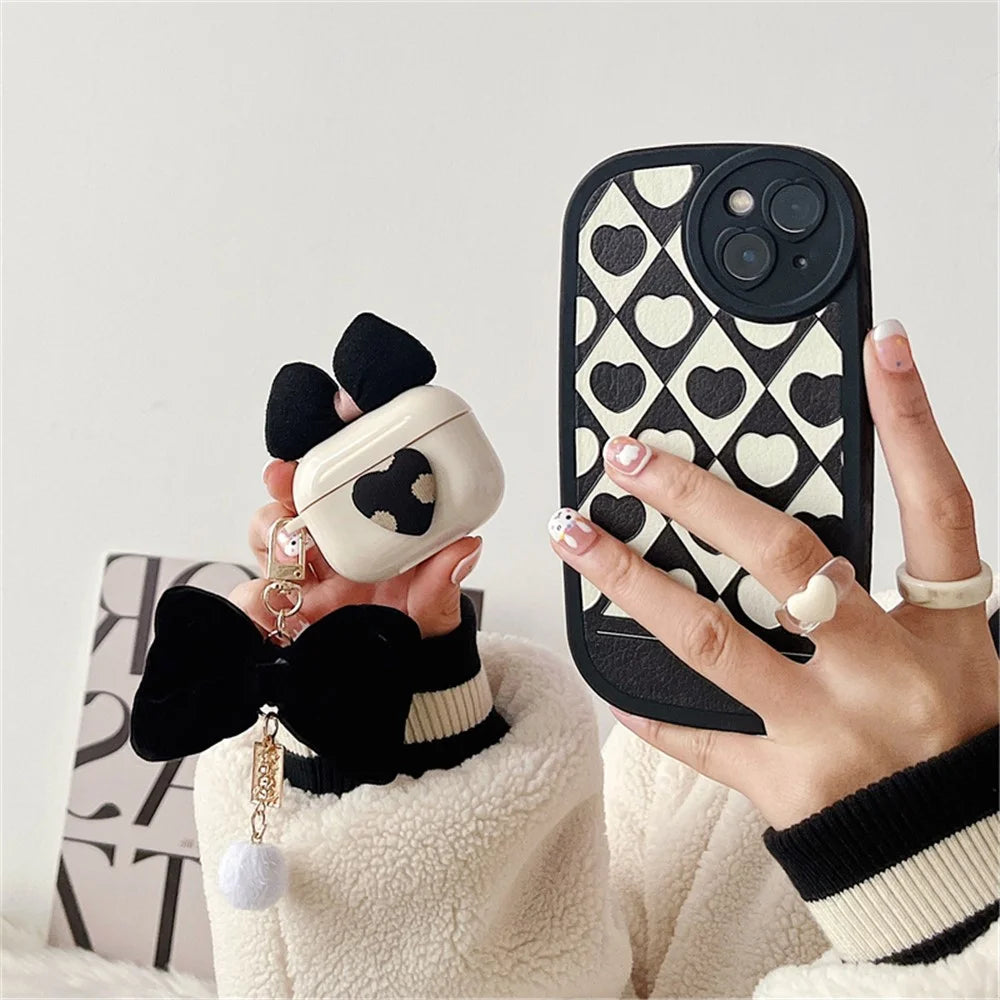 For Apple AirPods 3 Lovely Bow Decor Heart Pattern Earphone Case TPU Protective Cover with Plush Big Bow Pendant - 4