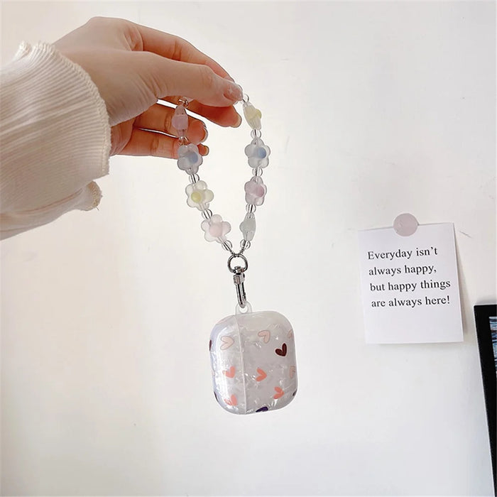 For Apple AirPods Pro Stylish Heart Pattern Bluetooth-compatible Earphone TPU Protective Cover Anti-drop Case with Flower Hand Strap - 2