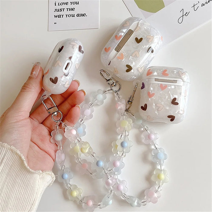 For Apple AirPods Pro Stylish Heart Pattern Bluetooth-compatible Earphone TPU Protective Cover Anti-drop Case with Flower Hand Strap - 3