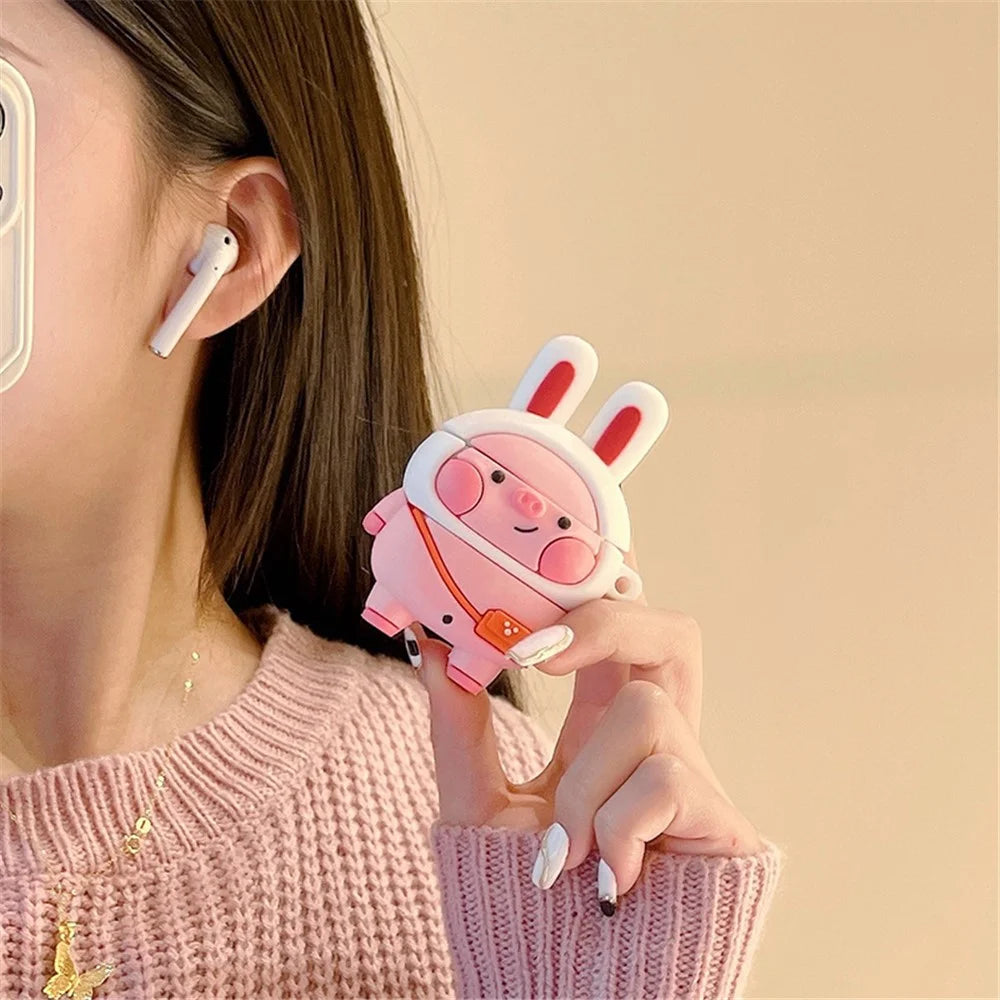 For Apple AirPods with Charging Case (2016)/(2019)/AirPods with Wireless Charging Case (2019) Cute Pig Design Earphone Silicone Case Anti-fall Protective Cover with Hook - 2