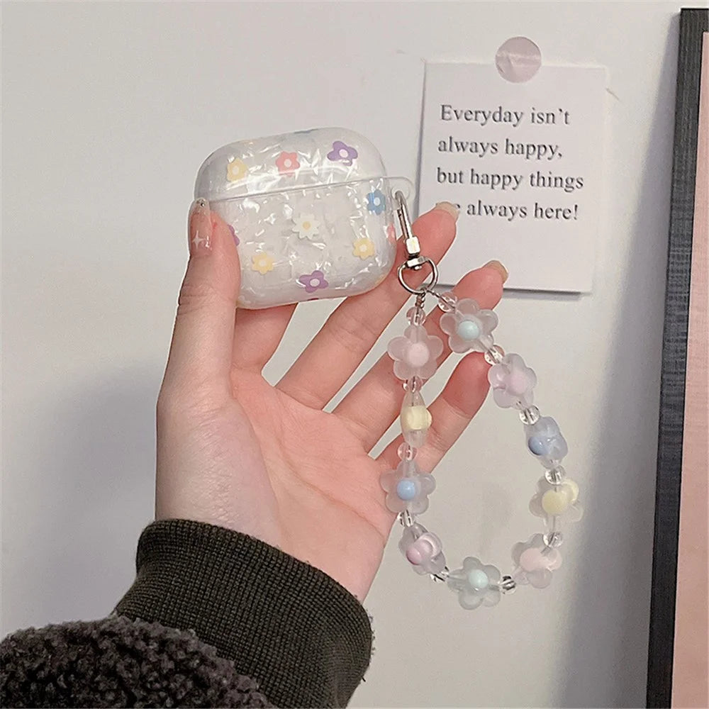 For Apple AirPods Pro Flower Pattern Anti-fall TPU Bluetooth-compatible Earphone Cover Flower Hand Strap Design Protective Case - 2