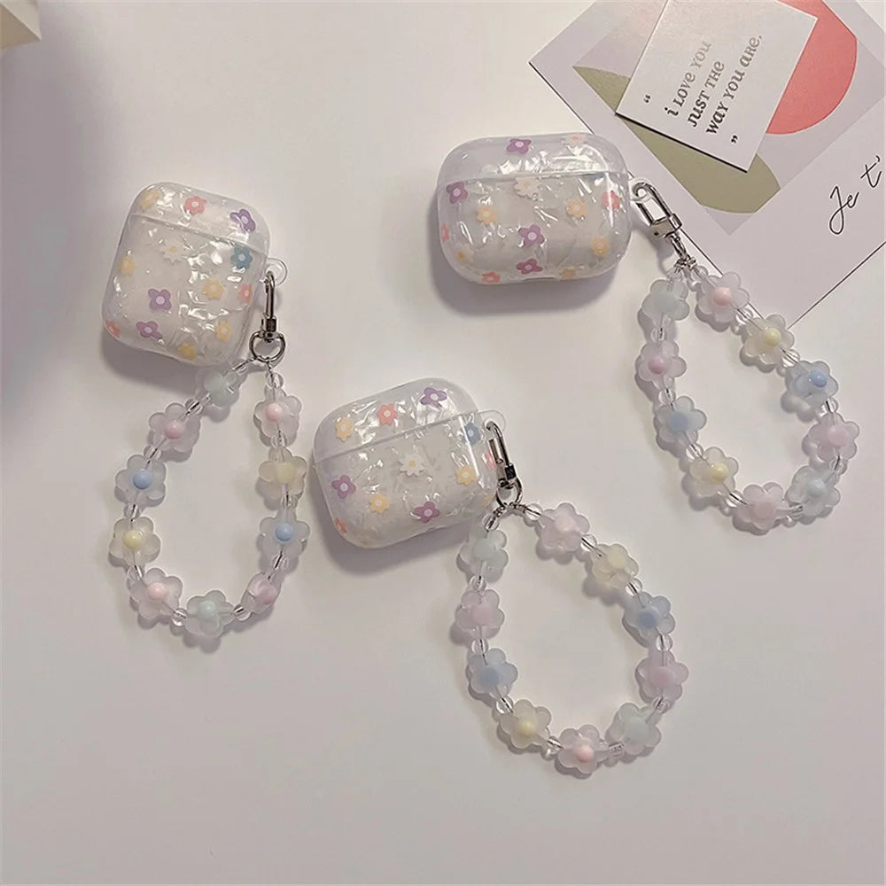 For Apple AirPods Pro Flower Pattern Anti-fall TPU Bluetooth-compatible Earphone Cover Flower Hand Strap Design Protective Case - 4