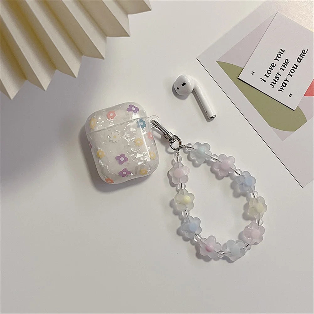 For Apple AirPods with Charging Case (2016)/(2019)/AirPods with Wireless Charging Case (2019) Flower Pattern Anti-fall TPU Bluetooth-compatible Earphone Protective Case with Flower Hand Strap - 4
