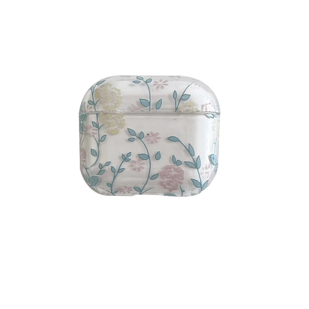 For Apple AirPods 3 Gardenia Flowers Leaves Printing Earphone Case Separable Charging Box Transparent PC Shell - Blue Leaves/Flowers - 1