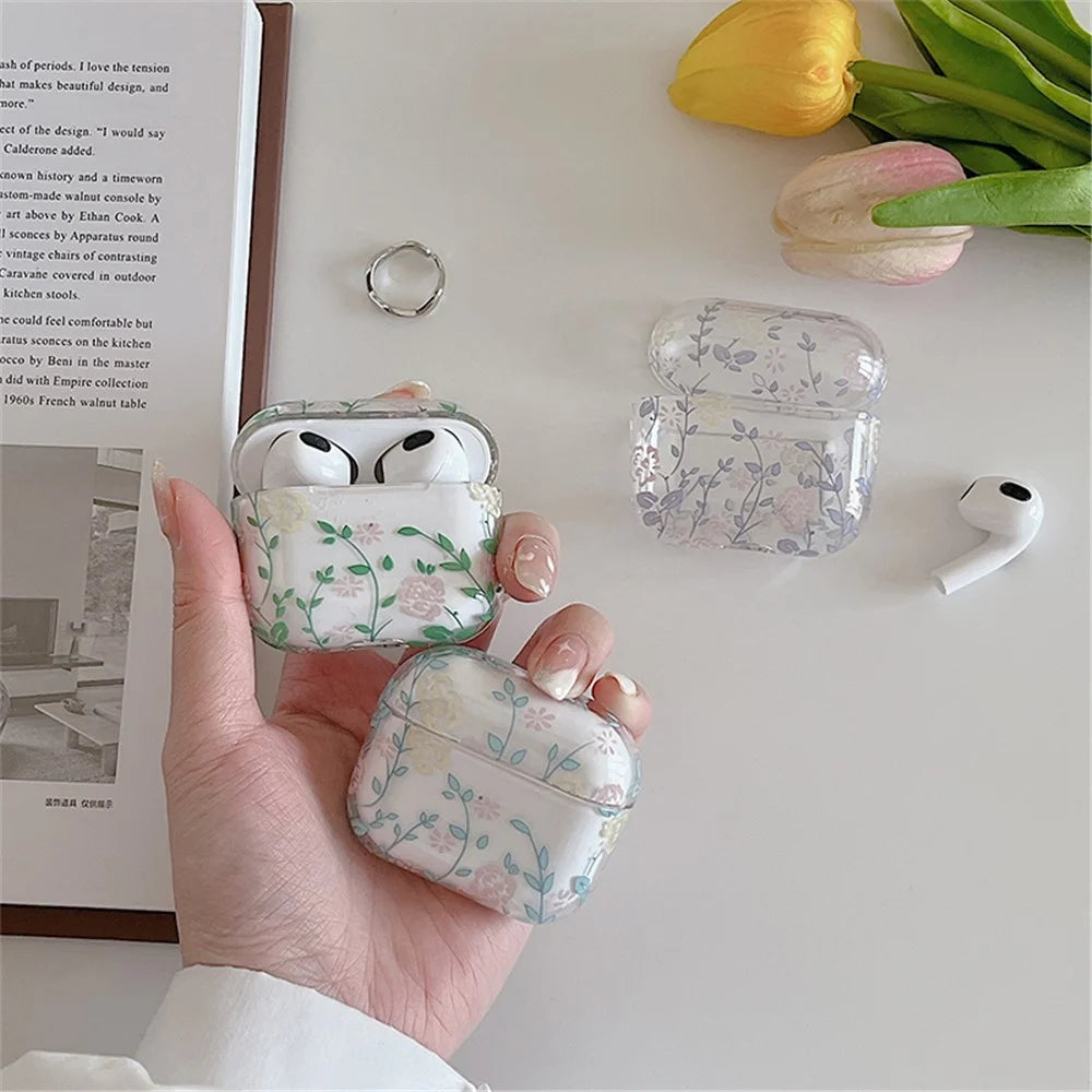 For Apple AirPods 3 Gardenia Flowers Leaves Printing Earphone Case Separable Charging Box Transparent PC Shell - Blue Leaves/Flowers - 2